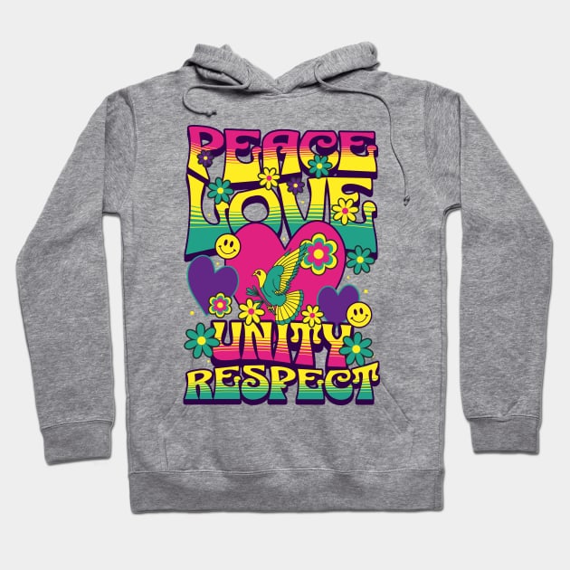 PEACE LOVE UNITY RESPECT - 60's steez (yellow/pink) Hoodie by DISCOTHREADZ 